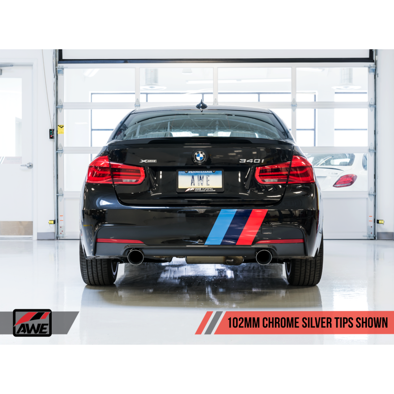 AWE Tuning BMW F3X 340i Touring Edition Axle-Back Exhaust - Chrome Silver Tips (102mm)