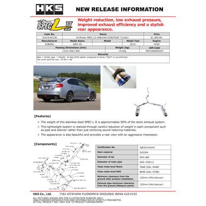 HKS Hi-Power Exhaust SPEC-L2 - Subaru WRX