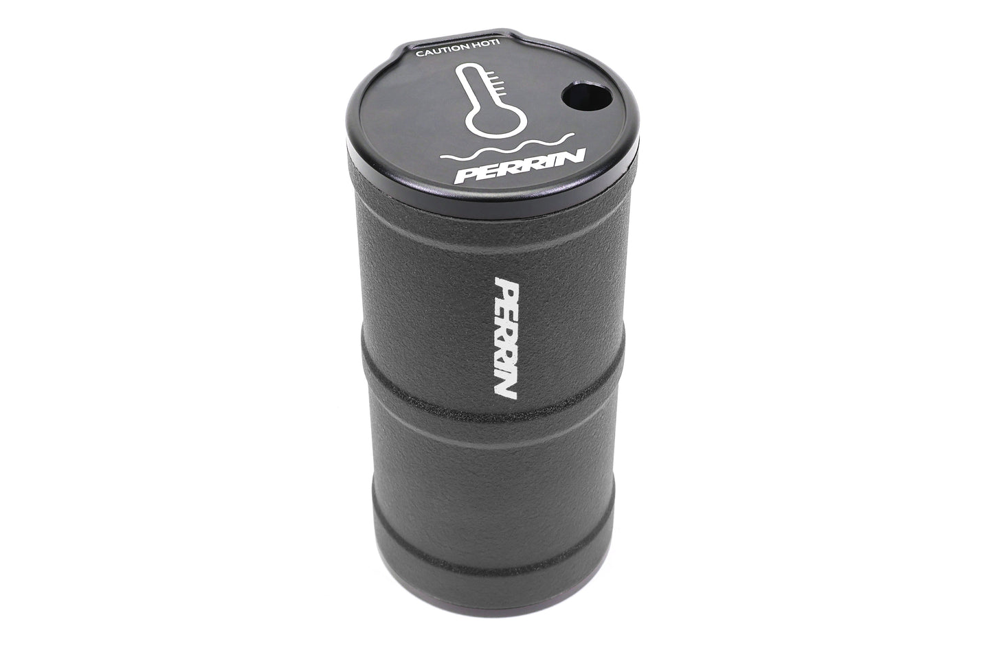 PERRIN coolant overflow tank designed for performance vehicles, featuring a sleek black finish and temperature gauge.