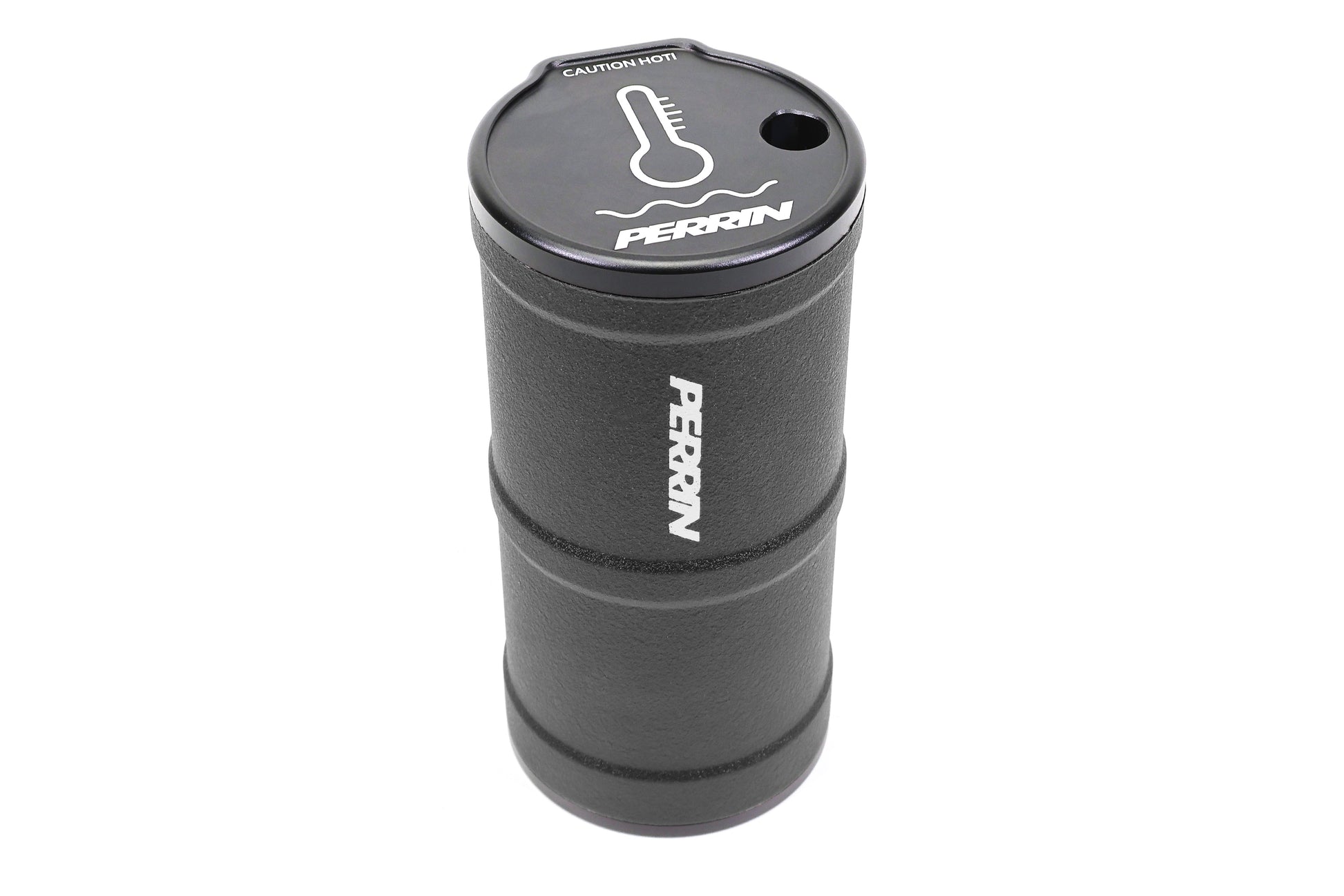 PERRIN coolant overflow tank designed for performance vehicles, featuring a sleek black finish and temperature gauge.