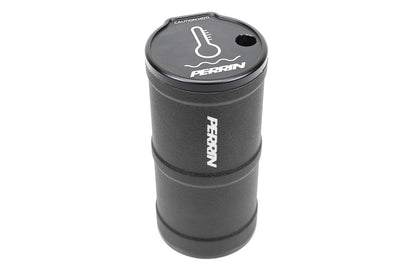 PERRIN coolant overflow tank designed for performance vehicles, featuring a sleek black finish and temperature gauge.