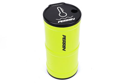 Perrin coolant overflow tank in bright yellow with a black cap, designed for performance Subaru, Honda, Nissan, and Toyota vehicles.