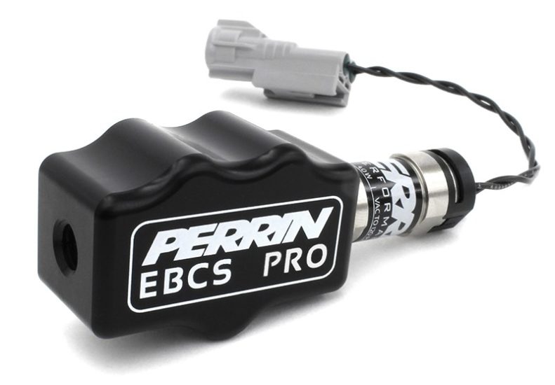 Perrin EBCS Pro Boost Control Solenoid with a black housing and connector, designed for precise boost control in vehicles.