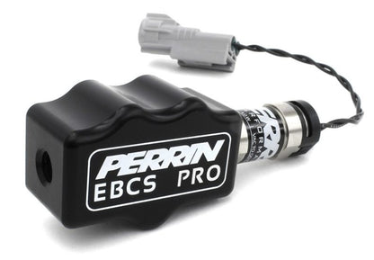 Perrin EBCS Pro Boost Control Solenoid with a black housing and connector, designed for precise boost control in vehicles.