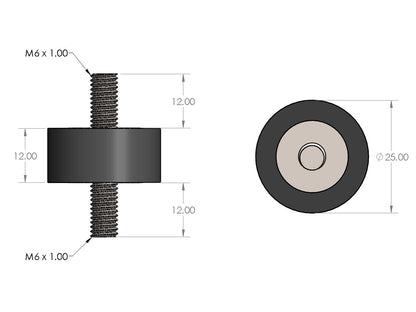 HPS M6 Rubber Vibration Mount, 1/2" Tall, Male to Male, HW-RM6-050
