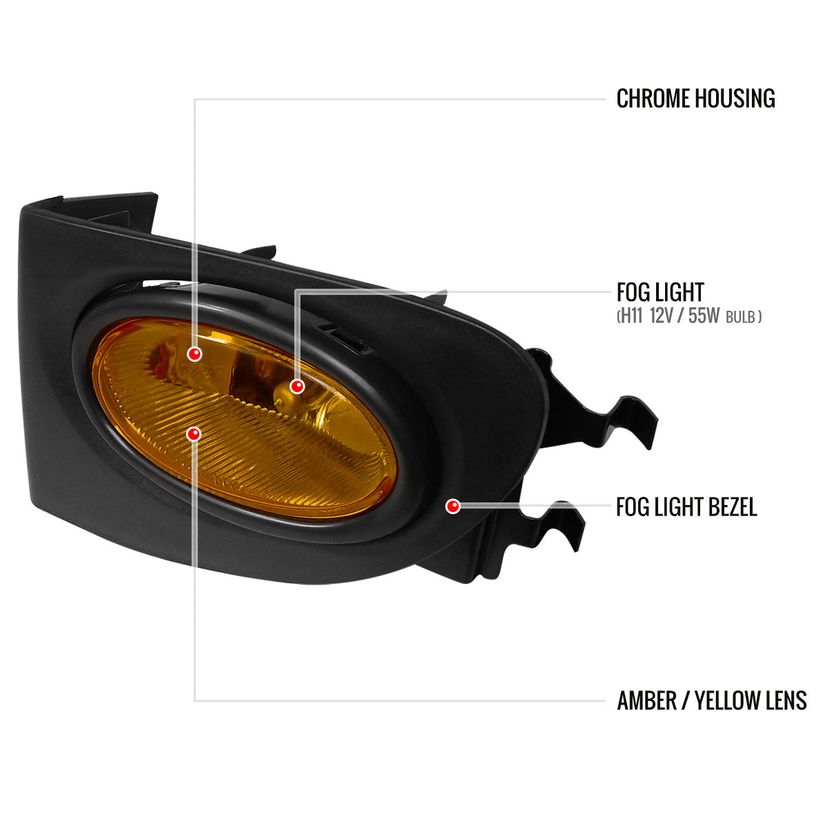 2002-2005 Honda Civic Si Hatchback H11 Fog Lights Kit (Chrome Housing/Amber Yellow Lens)