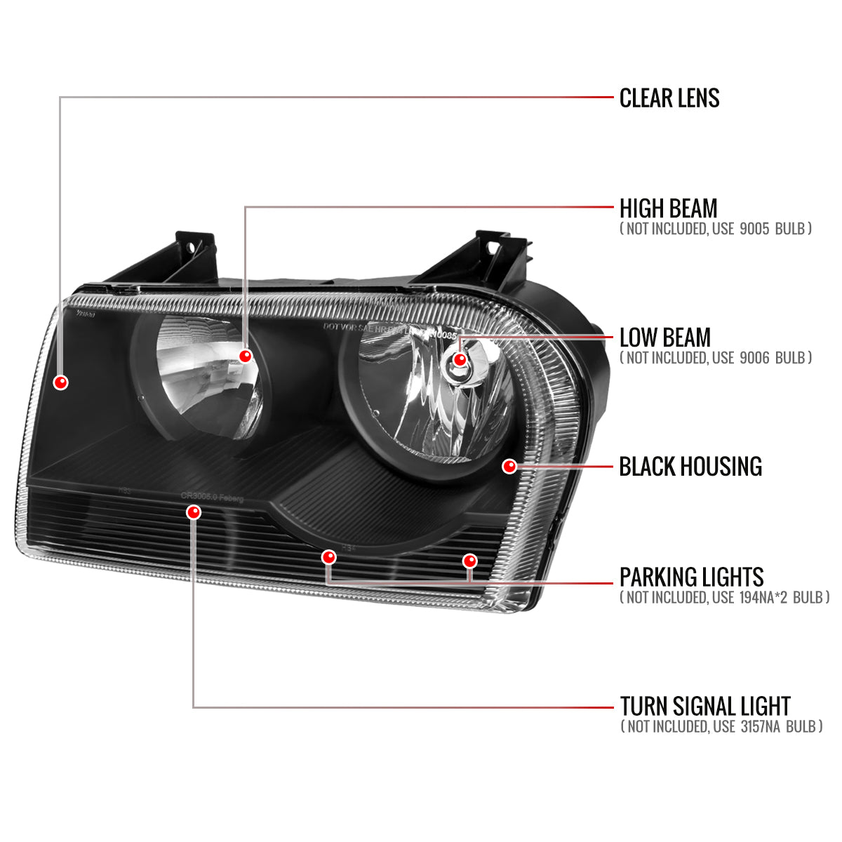 2005-2010 Chrysler 300 Factory Style Headlights (Matte Black Housing/Clear Lens)