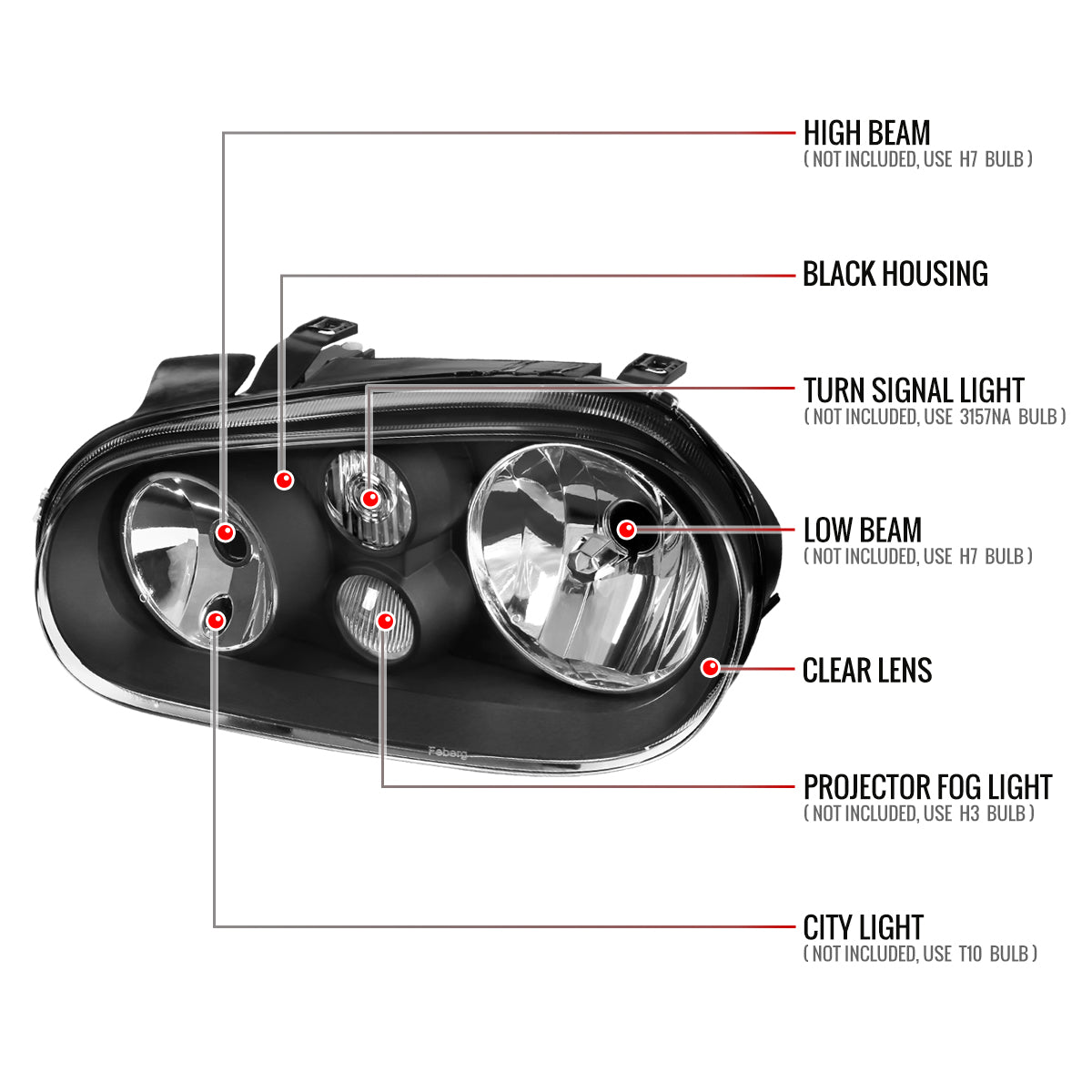 1999-2006 Volkswagen Golf Mk4 GTI/R32 Cabrio V2 Factory Style Headlights  (Matte Black Housing/Clear Lens)