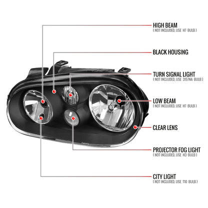1999-2006 Volkswagen Golf Mk4 GTI/R32 Cabrio V2 Factory Style Headlights  (Matte Black Housing/Clear Lens)