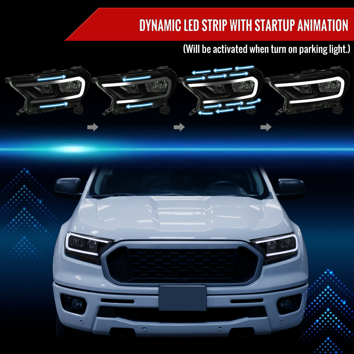 2019-2023 Ford Ranger XL XLT Factory Style Replacement Headlights with LED Bar Turn Signal (Glossy Black Housing / Smoked Lens)