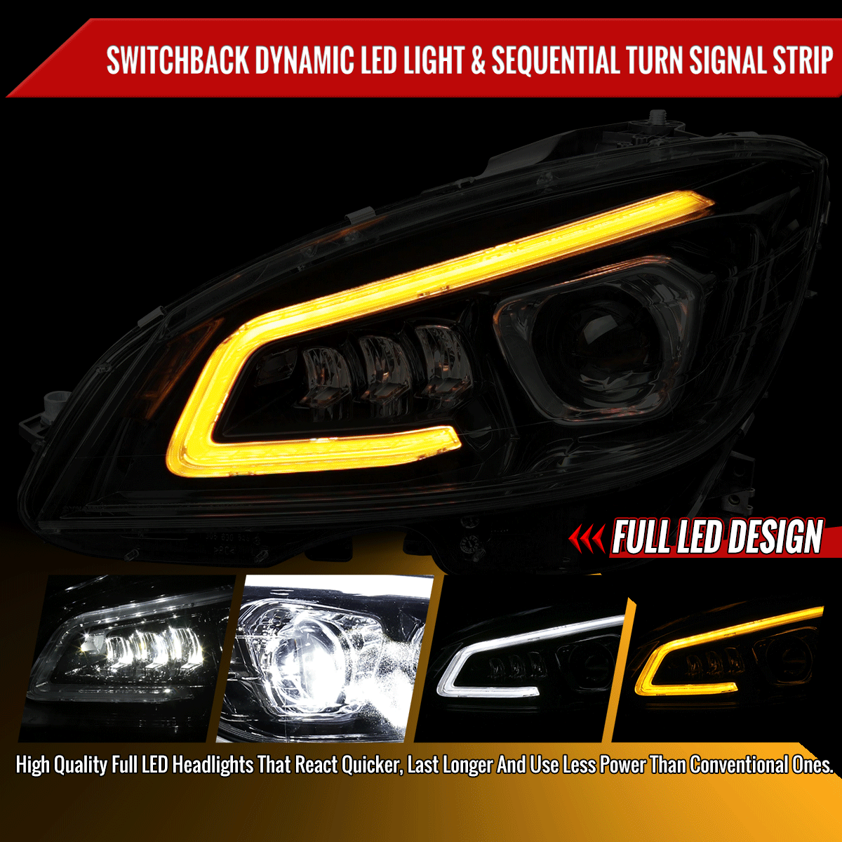 2008-2011 Mercedes Benz W204 C-Class Switchback Sequential Full LED Projector Headlights (Matte Black Housing/Smoked Lens)