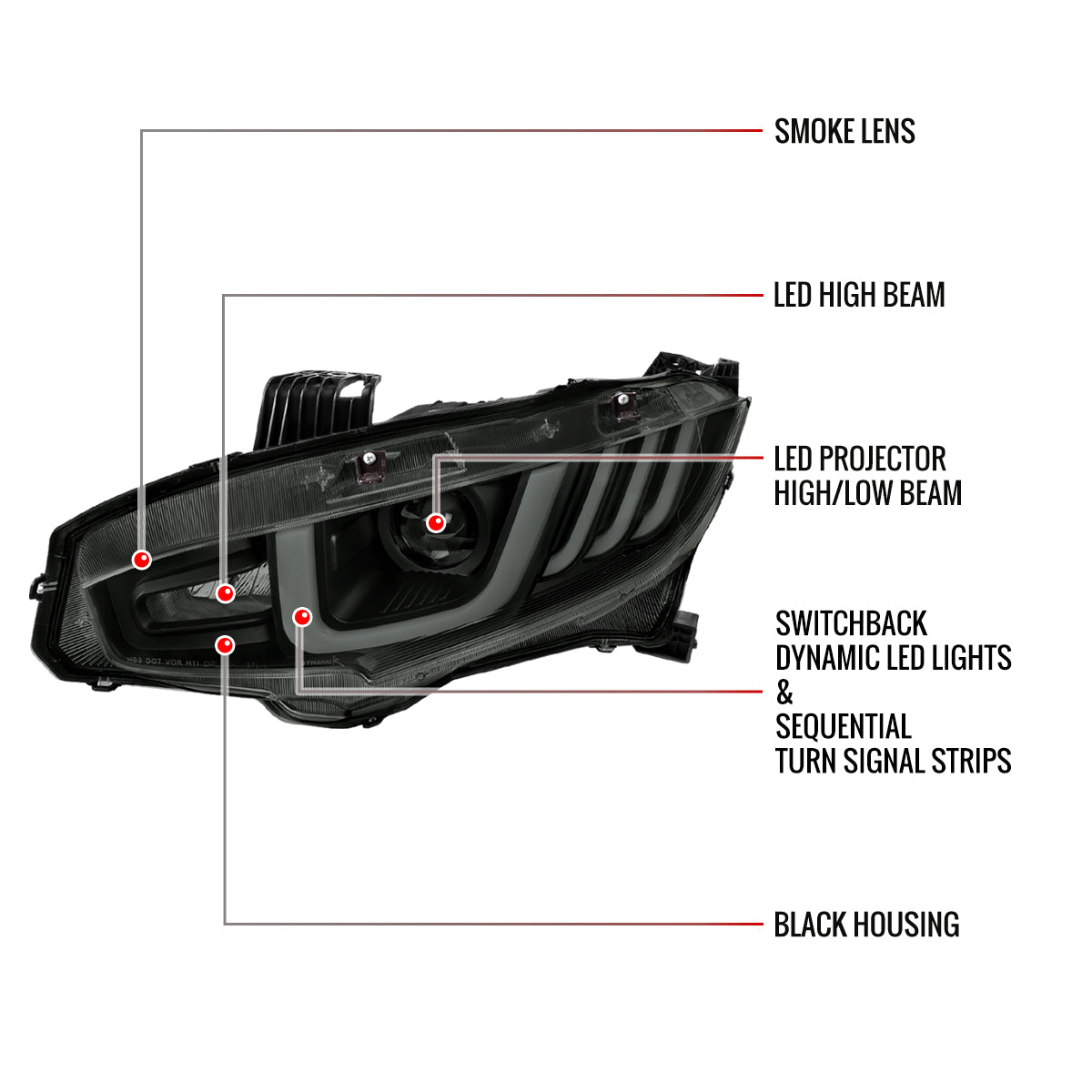 2016-2021 Honda Civic Full LED Projector Headlights w/ Switchback Sequential Turn Signal (Matte Black Housing/Smoked Lens)