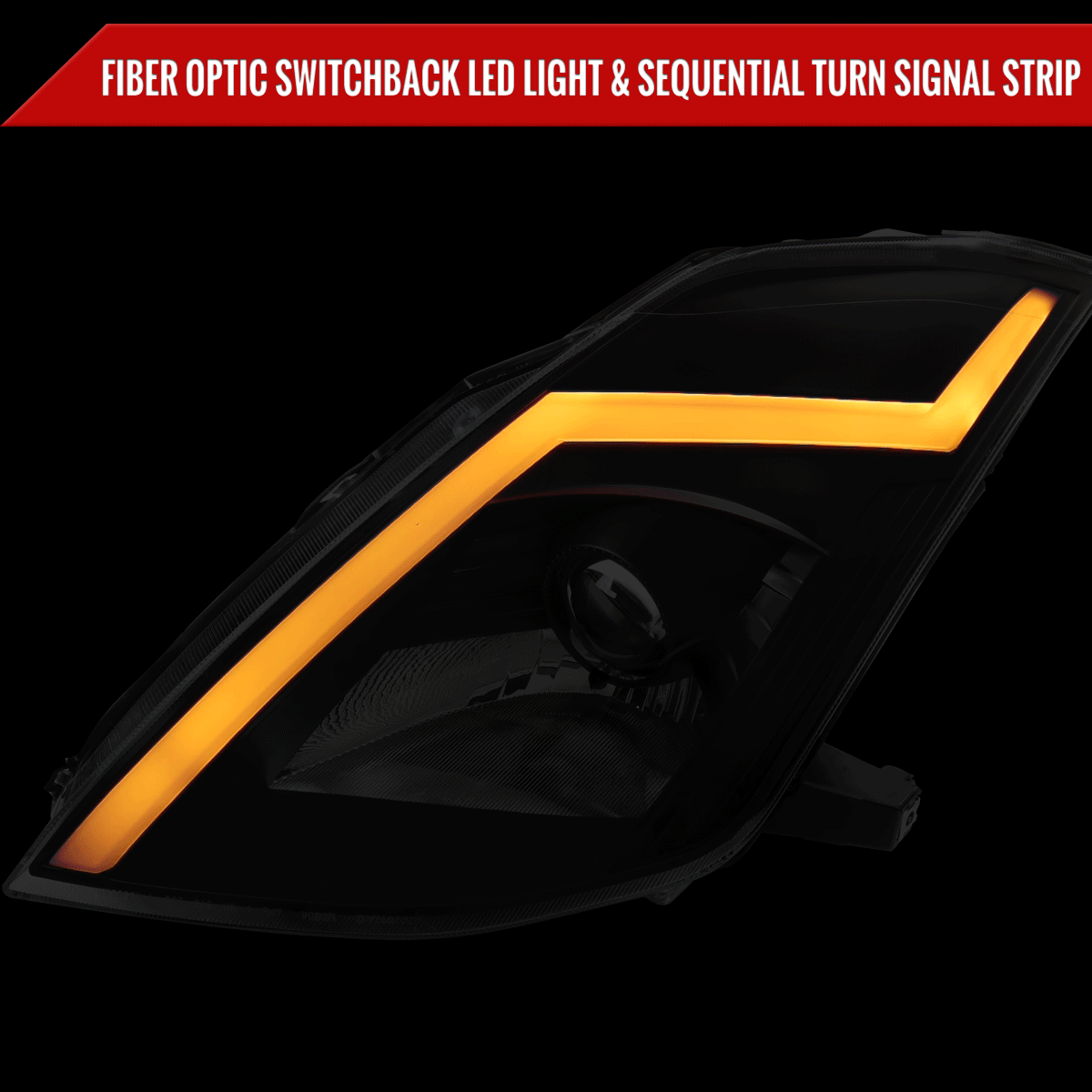 2003-2005 Nissan 350Z Switchback Sequential Turn Signal Animated LED Bar Projector Headlights (Matte Black Housing/Clear Lens)