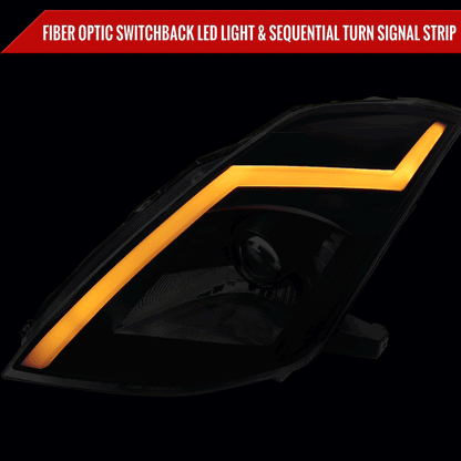 2003-2005 Nissan 350Z Switchback Sequential Turn Signal Animated LED Bar Projector Headlights (Matte Black Housing/Smoked Lens)