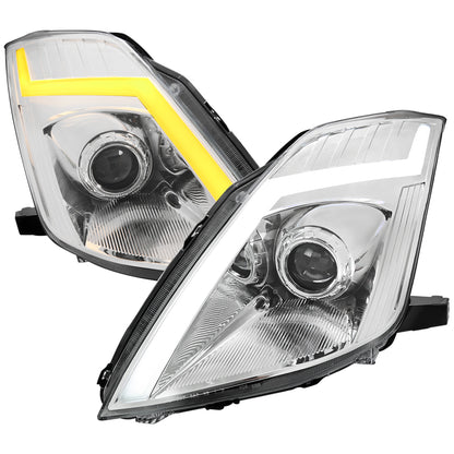 2006-2009 Nissan 350Z Switchback Sequential Turn Signal Animated LED Bar Projector Headlights (Chrome Housing/Clear Lens)