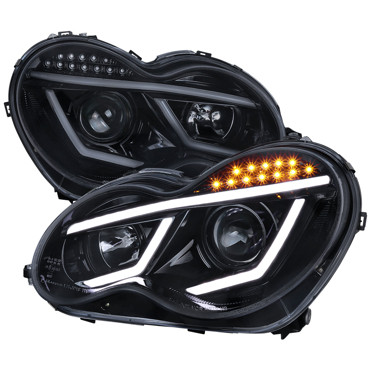 2001-2007 Mercedes Benz W203 C Class Sedan LED Bar Projector Headlights w/ LED Turn Signal Lights (Glossy Black Housing/Smoked Lens)