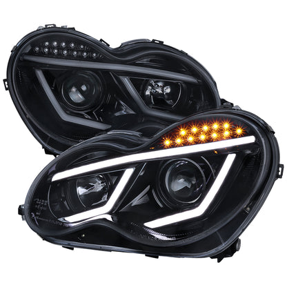 2001-2007 Mercedes Benz W203 C Class Sedan LED Bar Projector Headlights w/ LED Turn Signal Lights (Glossy Black Housing/Smoked Lens)