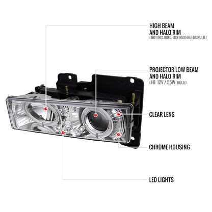 1988-1999 Chevrolet  C/K C10/Blazer/Tahoe/Yukon/Sierra/Silverado Dual Halo Projector Headlights (Chrome Housing/Clear Lens)
