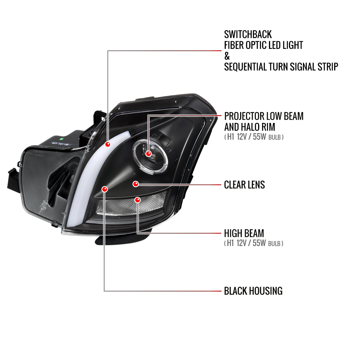 2003-2007 Cadillac CTS Halo Switchback Sequential LED Turn Signal Projector Headlights (Matte Black Housing/Clear Lens)