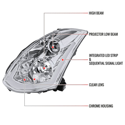 2003-2007 Infiniti G35 Coupe LED Bar Projector Headlights w/ Sequential Turn Signals (Chrome Housing/Clear Lens)