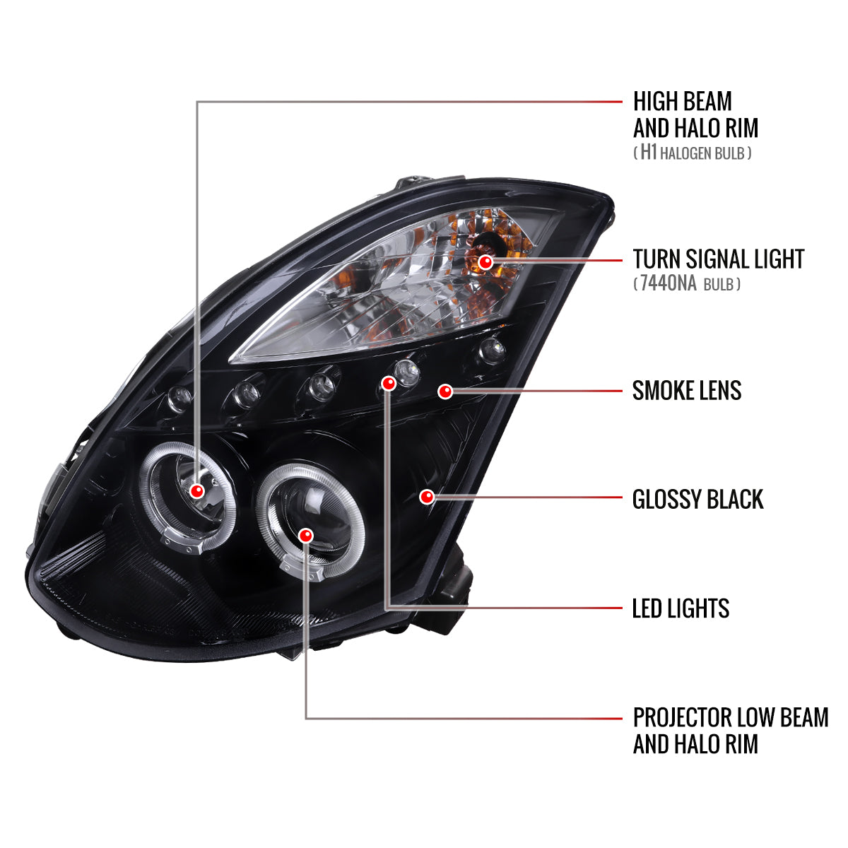 2003-2007 Infiniti G35 Coupe Dual Halo Projector Headlights (Glossy Black Housing/Smoked Lens)
