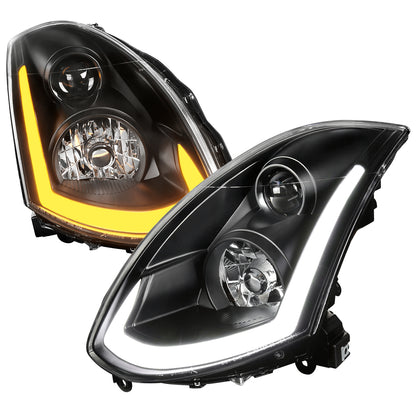2003-2007 Infiniti G35 Coupe LED Bar Projector Headlights w/ Sequential Turn Signals (Matte Black Housing/Clear Lens)