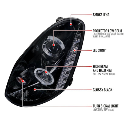 2005-2006 Infiniti G35 Sedan Halo Projector Headlights w/ SMD LED Light Strip (Glossy Black Housing/Smoked Lens)