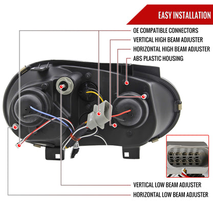 1999-2006 Volkswagen Golf Mk4 GTI/R32 Cabrio Projector Headlights w/ R8 Style LED Light Strip (Matte Black Housing/Clear Lens)