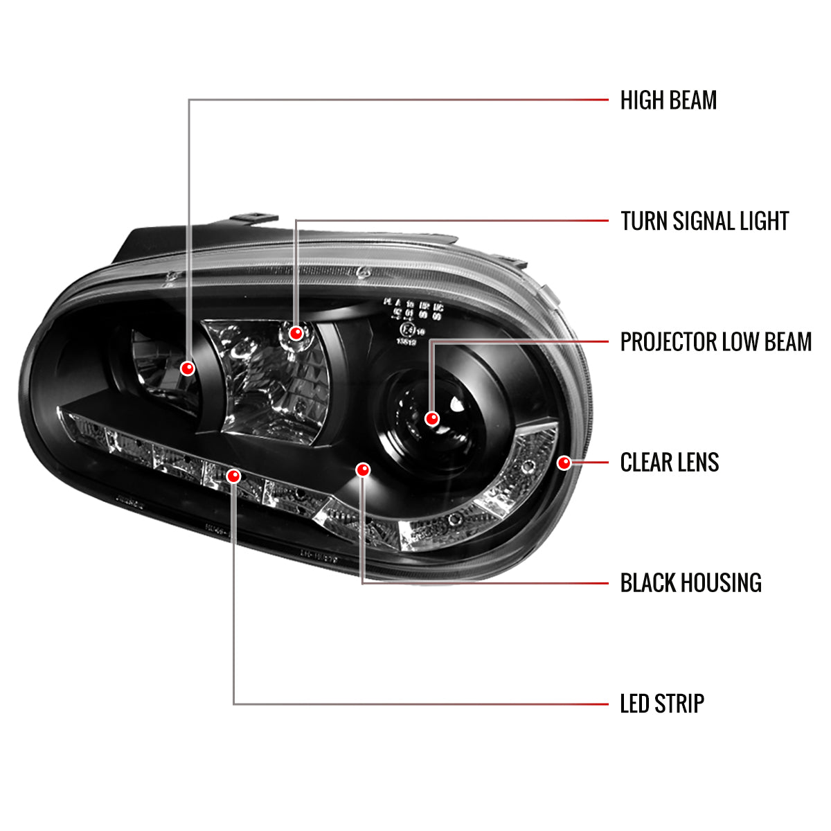 1999-2006 Volkswagen Golf Mk4 GTI/R32 Cabrio Projector Headlights w/ R8 Style LED Light Strip (Matte Black Housing/Clear Lens)
