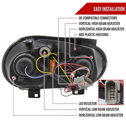 1999-2006 Volkswagen Golf Mk4 GTI/R32 Cabrio Projector Headlights w/ R8 Style LED Light Strip & LED Turn Signal Lights (Matte Black Housing/Clear Lens)