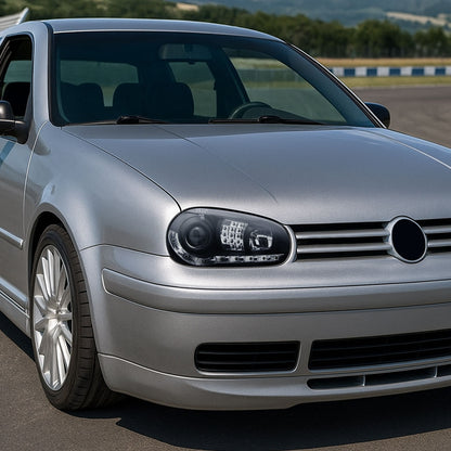 1999-2006 Volkswagen Golf Mk4 GTI/R32 Cabrio Projector Headlights w/ R8 Style LED Light Strip & LED Turn Signal Lights (Matte Black Housing/Clear Lens)