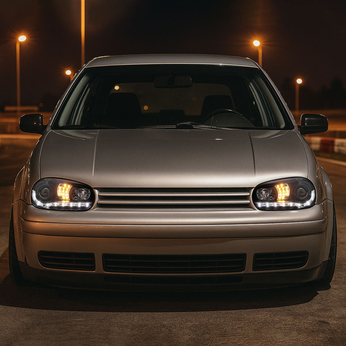1999-2006 Volkswagen Golf Mk4 GTI/R32 Cabrio Projector Headlights w/ R8 Style LED Light Strip & LED Turn Signal Lights (Matte Black Housing/Clear Lens)