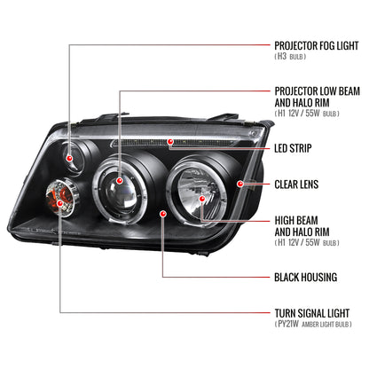 1999-2005 Volkswagen Jetta/Bora Mk4 Dual Halo Projector Headlights w/ LED Light Strip (Matte Black Housing/Clear Lens)