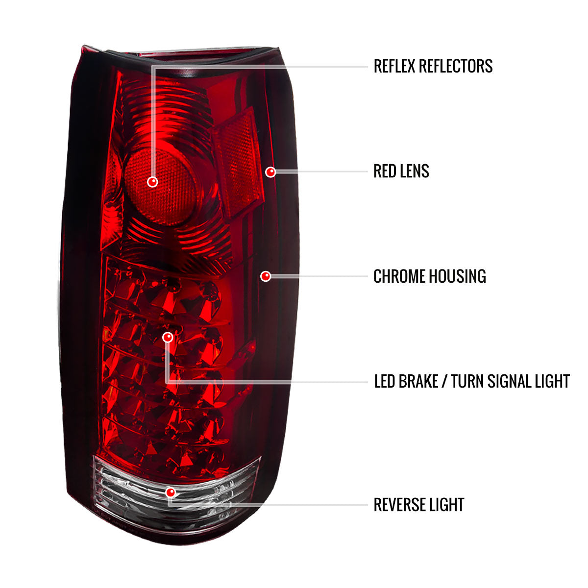 1988-2000 Chevrolet C/K C10/Silverado/Tahoe/Suburban GMC Sierra/Jimmy/Yukon APC LED Tail Lights (Chrome Housing/Red Lens)