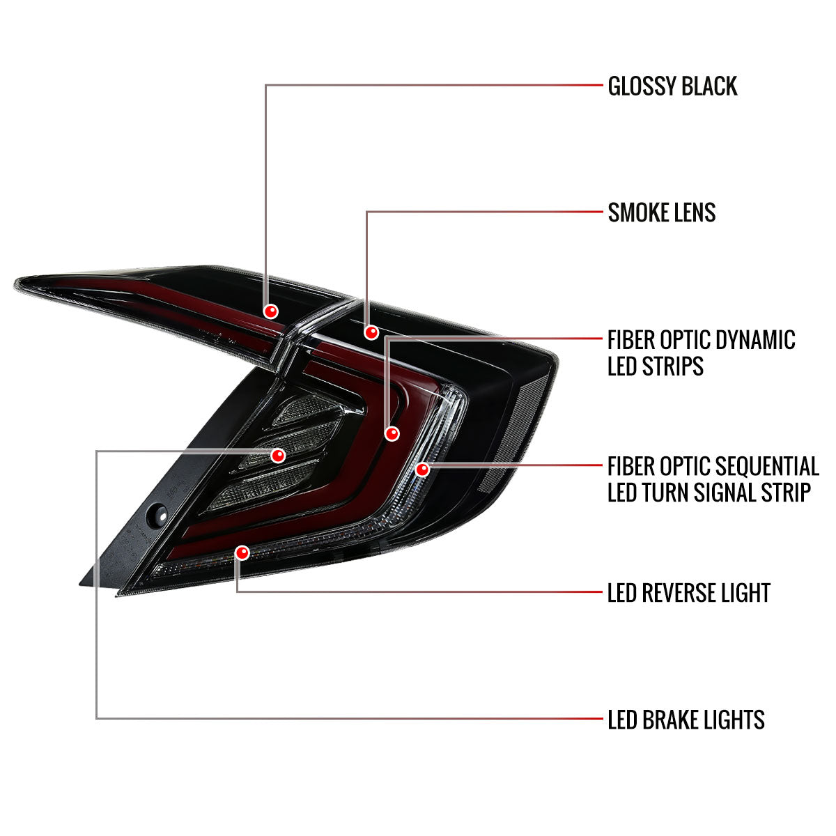 2016-2021 Honda Civic Sedan LED Tail Lights w/ Sequential Turn Signal Lights (Glossy Black Housing/Smoked Lens)