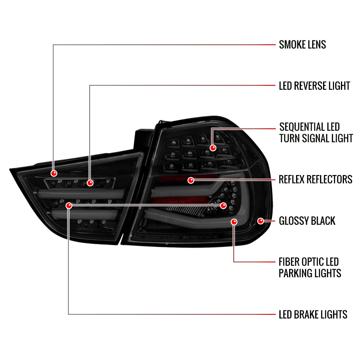 2009-2011 BMW E90 3-Series 4Dr Sedan Red LED Tail Light (Glossy Black Housing/Clear Lens)