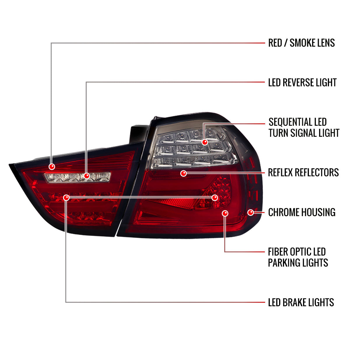 2009-2011 BMW E90 3-Series 4Dr Sedan Red LED Tail Light (Chrome Housing/Red Smoked Lens)