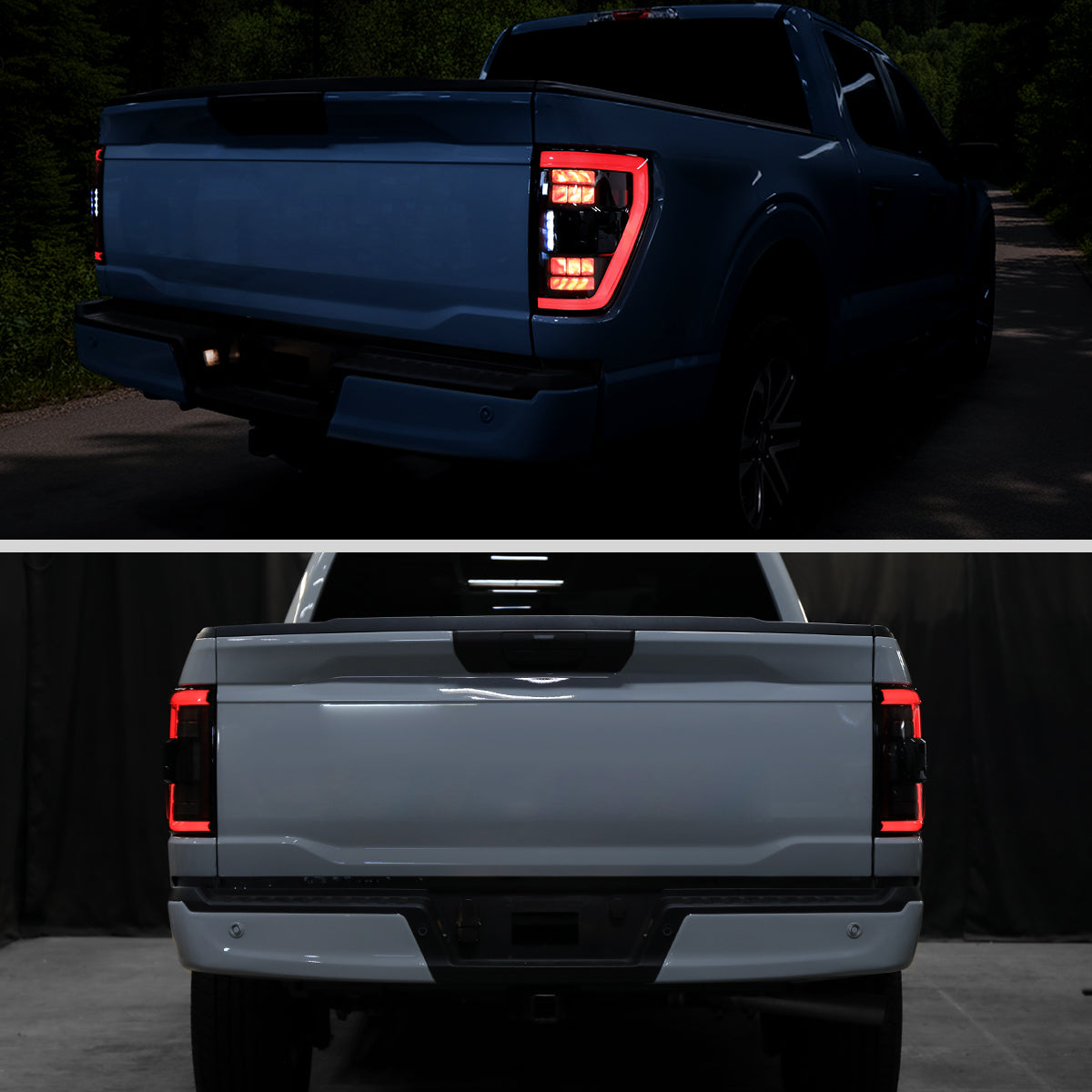 2021??2023 Ford F-150 Red LED Tail Lights w/ Switchback Sequential Turn Signals (Matte Black Housing / Clear Lens)