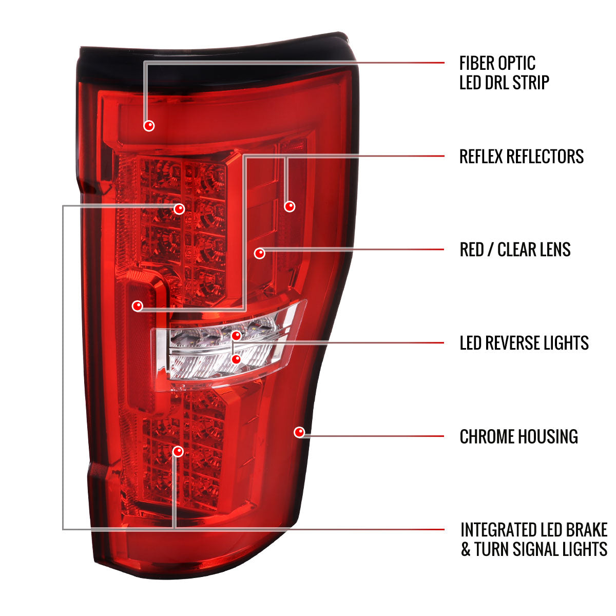 2017-2019 Ford F-250/F-350/F-450/F-550 Super Duty LED Bar Tail Lights (Chrome Housing/Red Lens)