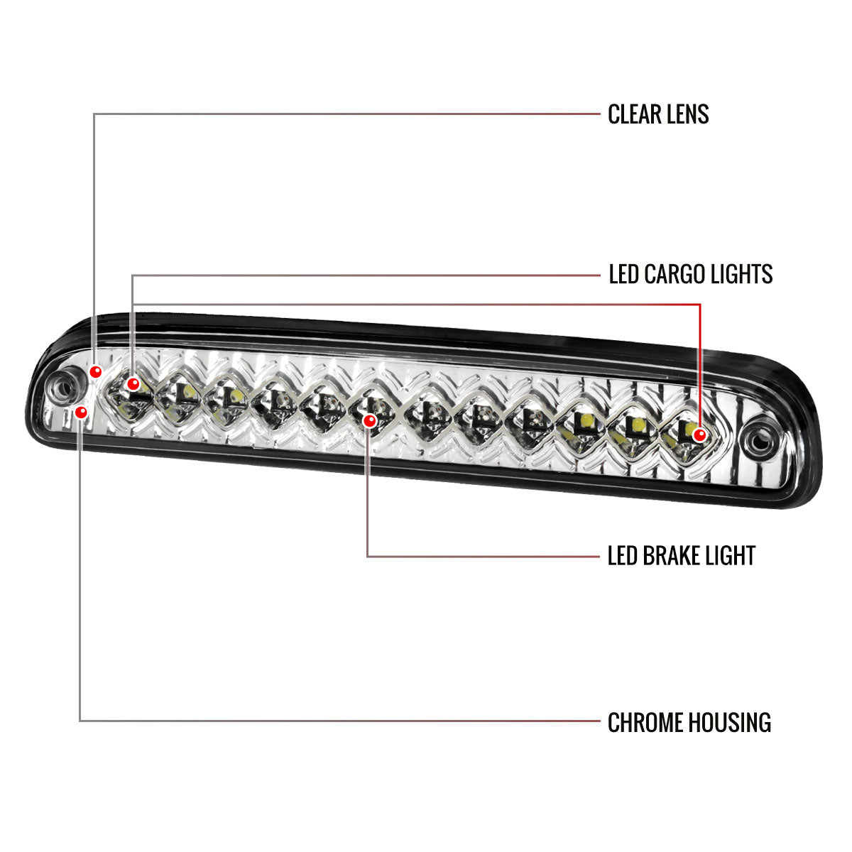 1993-2016 Ford F-250/F-350/F-450/F-550/Ranger Mazda B Series Pickup LED 3rd Brake Tail Light (Chrome Housing/Clear Lens)