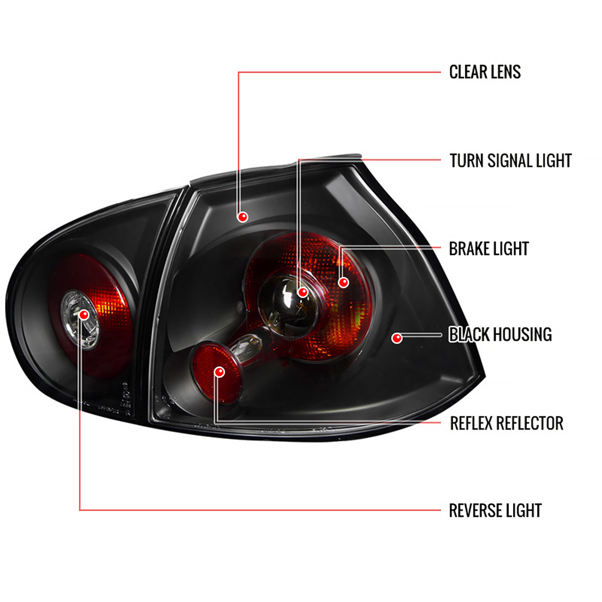 2006-2009 Volkswagen Golf GTI Mk5/Rabbit/R32 Tail Lights (Matte Black Housing/Clear Lens)