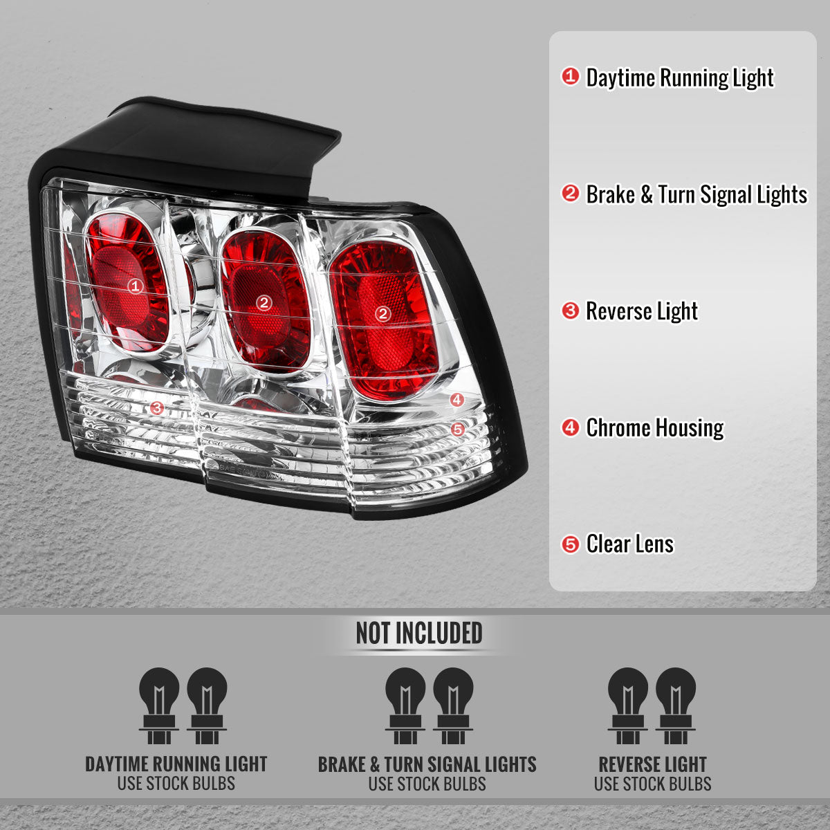 1999-2004 Ford Mustang Tail Lights (Chrome Housing/Clear Lens)