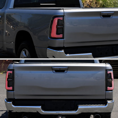 2019-2024 Dodge RAM 1500 Tail Light w/ Sequential Turn Signal LED Strip and LED Side Marker Brake Reverse (Glossy Black Housing / Smoked Lens)