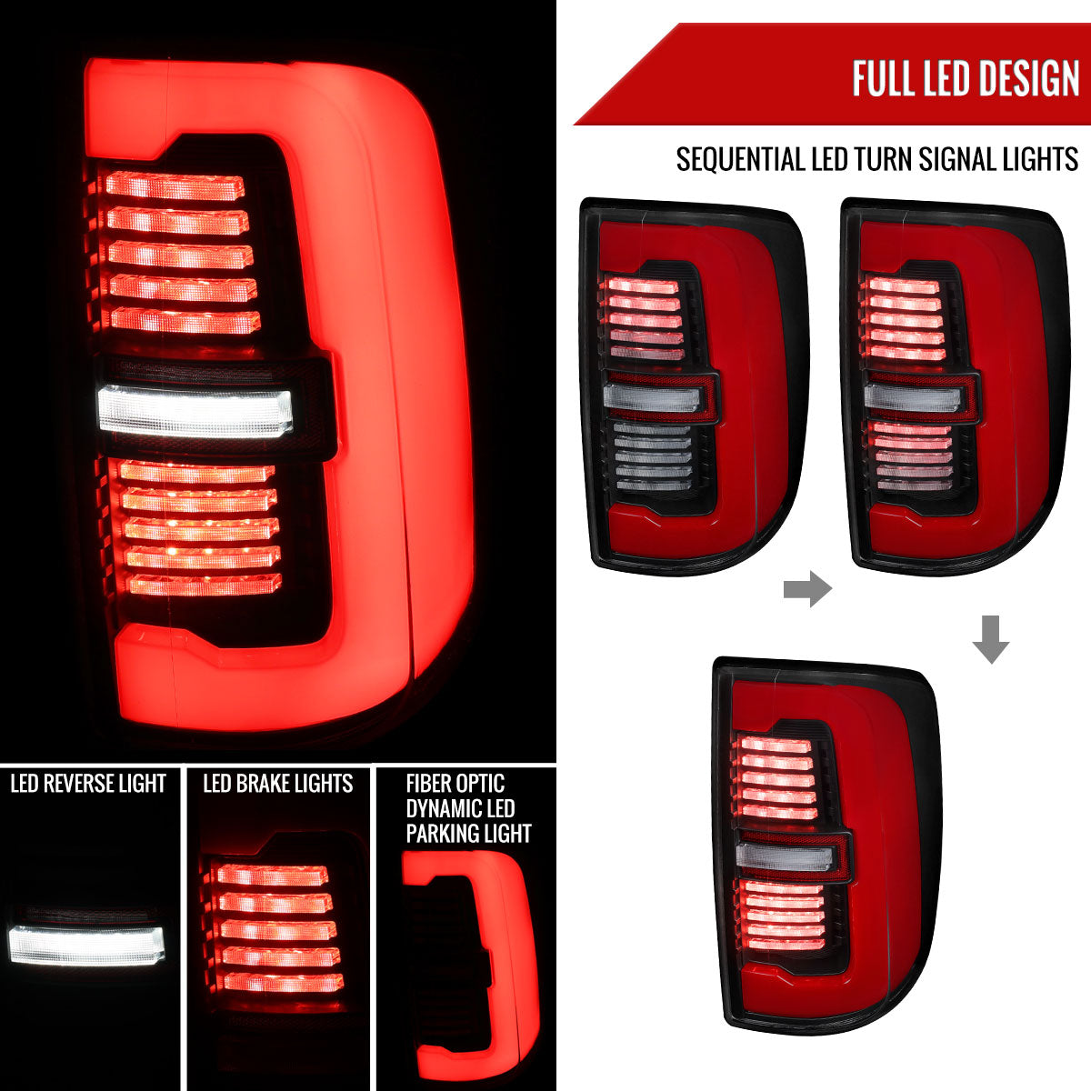 2019-2024 Dodge RAM 2500/3500 Red LED Bar Sequential Signal Tail Lights (Black Housing / Clear Lens)