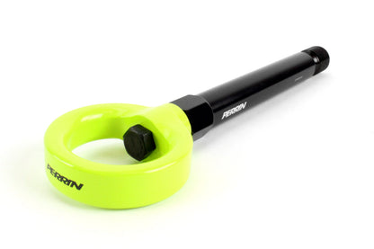 Rear tow hook for 2017-2021 Civic SI and Type R, featuring a durable black shaft and vibrant green loop for easy towing.