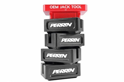 PERRIN jack pads stacked vertically, featuring a red top with "OEM JACK TOOL" and three black pads with the PERRIN logo.