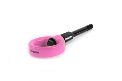 Front tow hook for 2002-2007 Subaru WRX, STI, and Impreza, featuring a pink finish and durable black shaft.