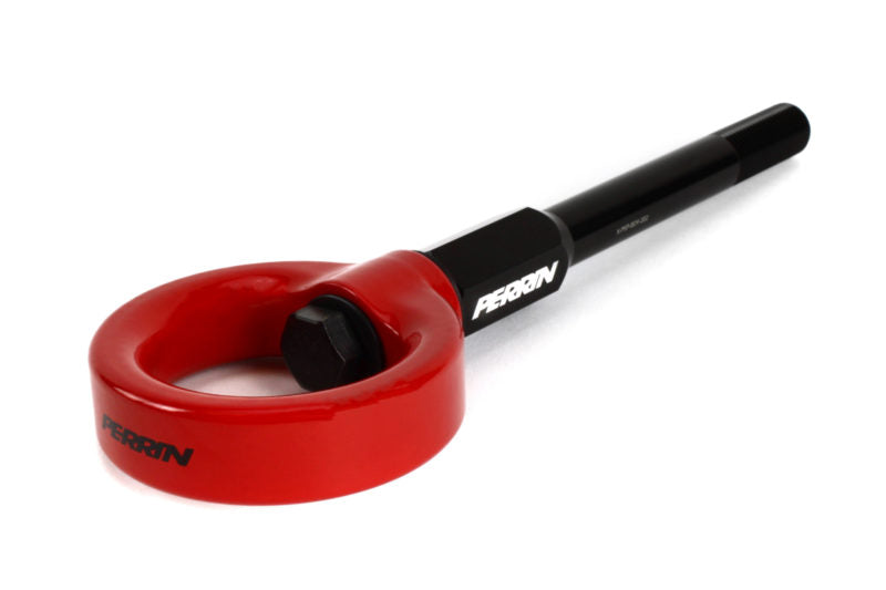 Red tow hook designed for WRX/STI vehicles, featuring a sturdy black bolt for secure attachment.