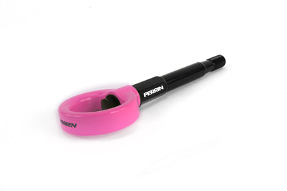 Perrin rear tow hook for 2008-2014 WRX and STI hatchbacks in vibrant pink, designed for performance and style.