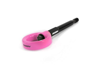 PERRIN rear tow hook for 2008-2014 WRX, STI Sedan, and Outback in pink and black, designed for performance and style.